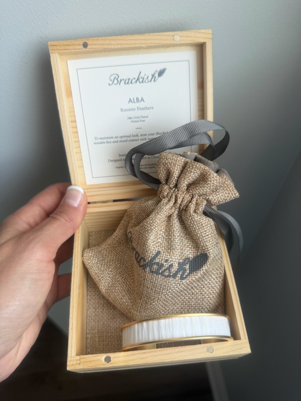 Brackish ALBA Feather Cuff Bracelet White 24k Gold Plated NWT w Box & Pouch